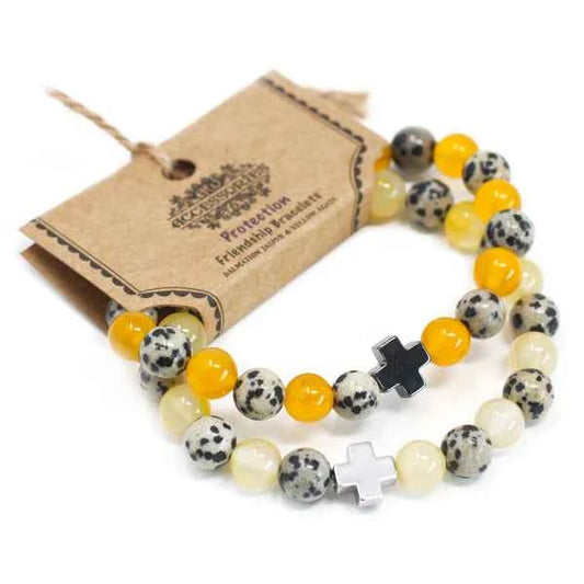 Set of 2 Gemstones Friendship Bracelets -  Protection - Dalmation Jasper & Yellow Agate