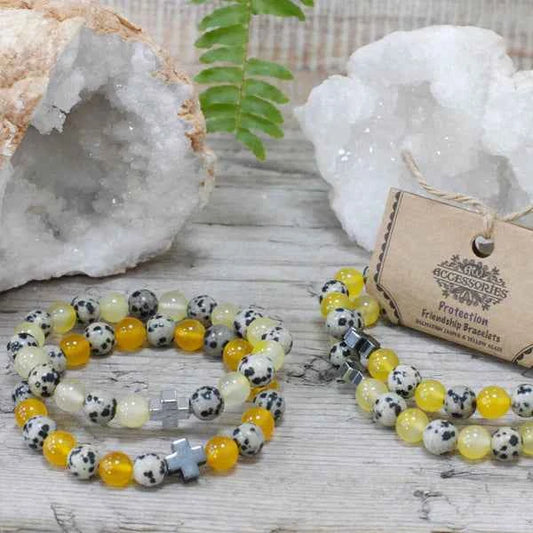 Set of 2 Gemstones Friendship Bracelets -  Protection - Dalmation Jasper & Yellow Agate
