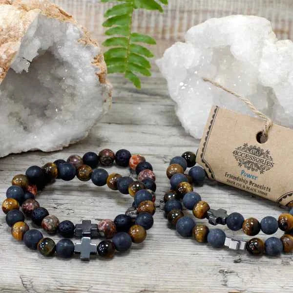 Set of 2 Gemstones Friendship Bracelets -  Power - Tiger Eye & Black Stone