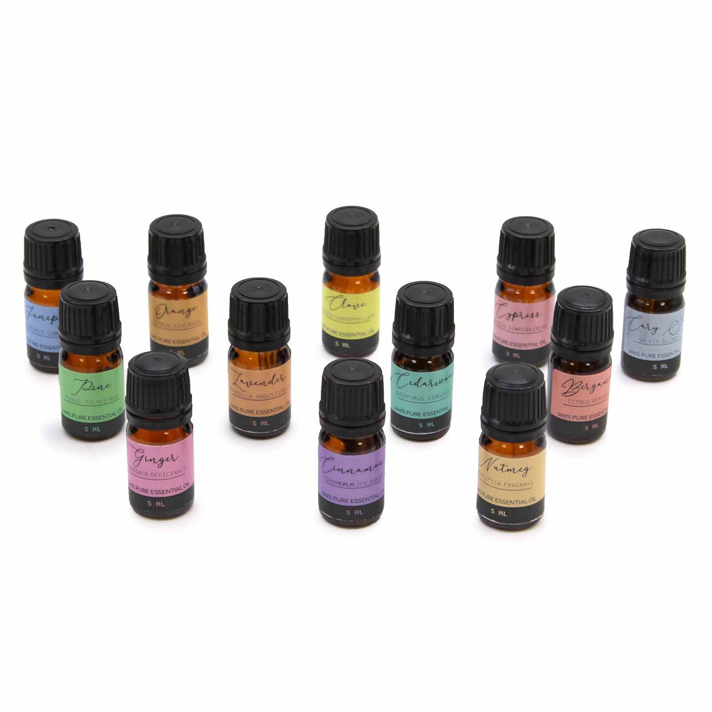 Collection of small essential oil bottles with colorful labels on a white background