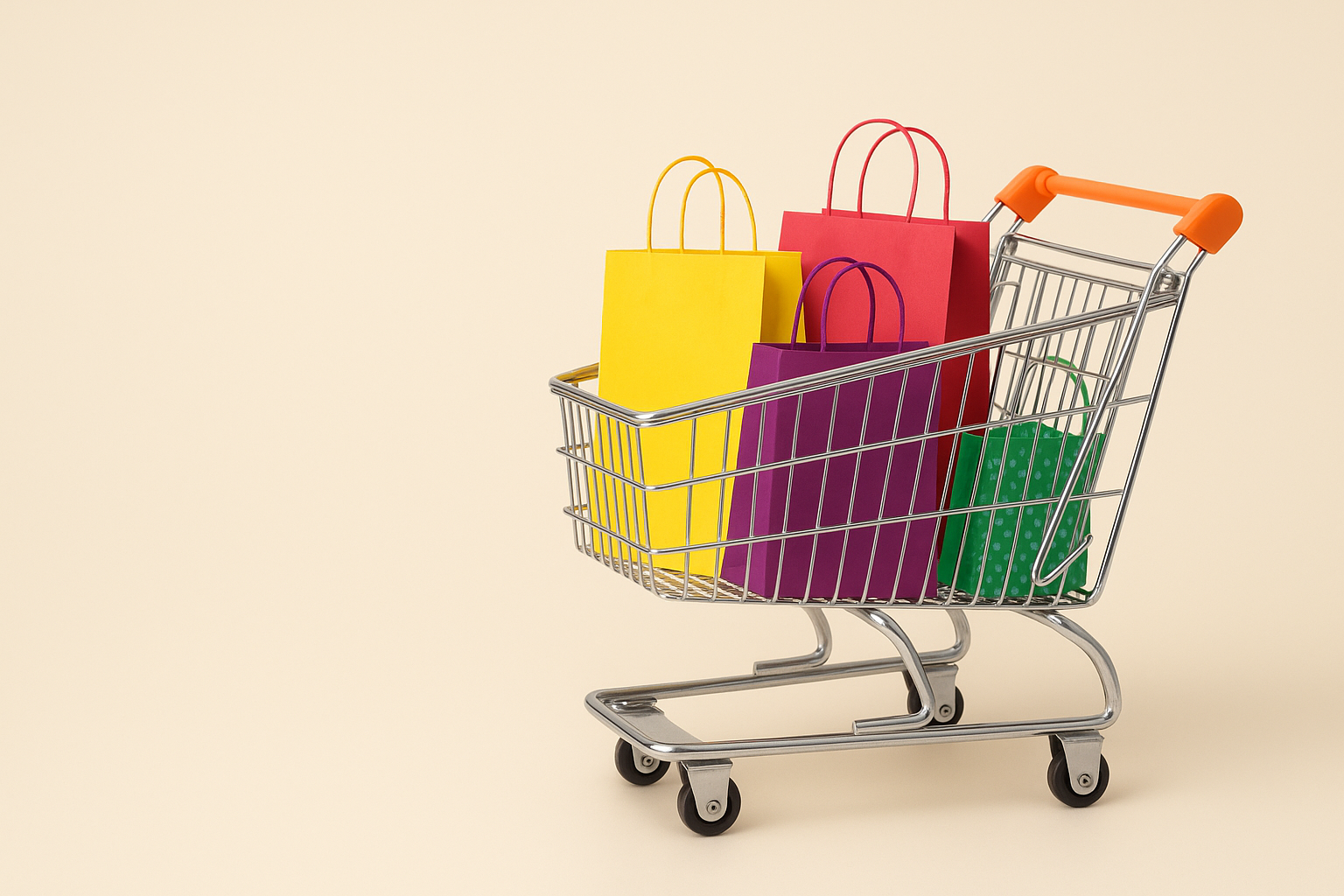 Small shopping cart filled with colorful paper bags on a beige background