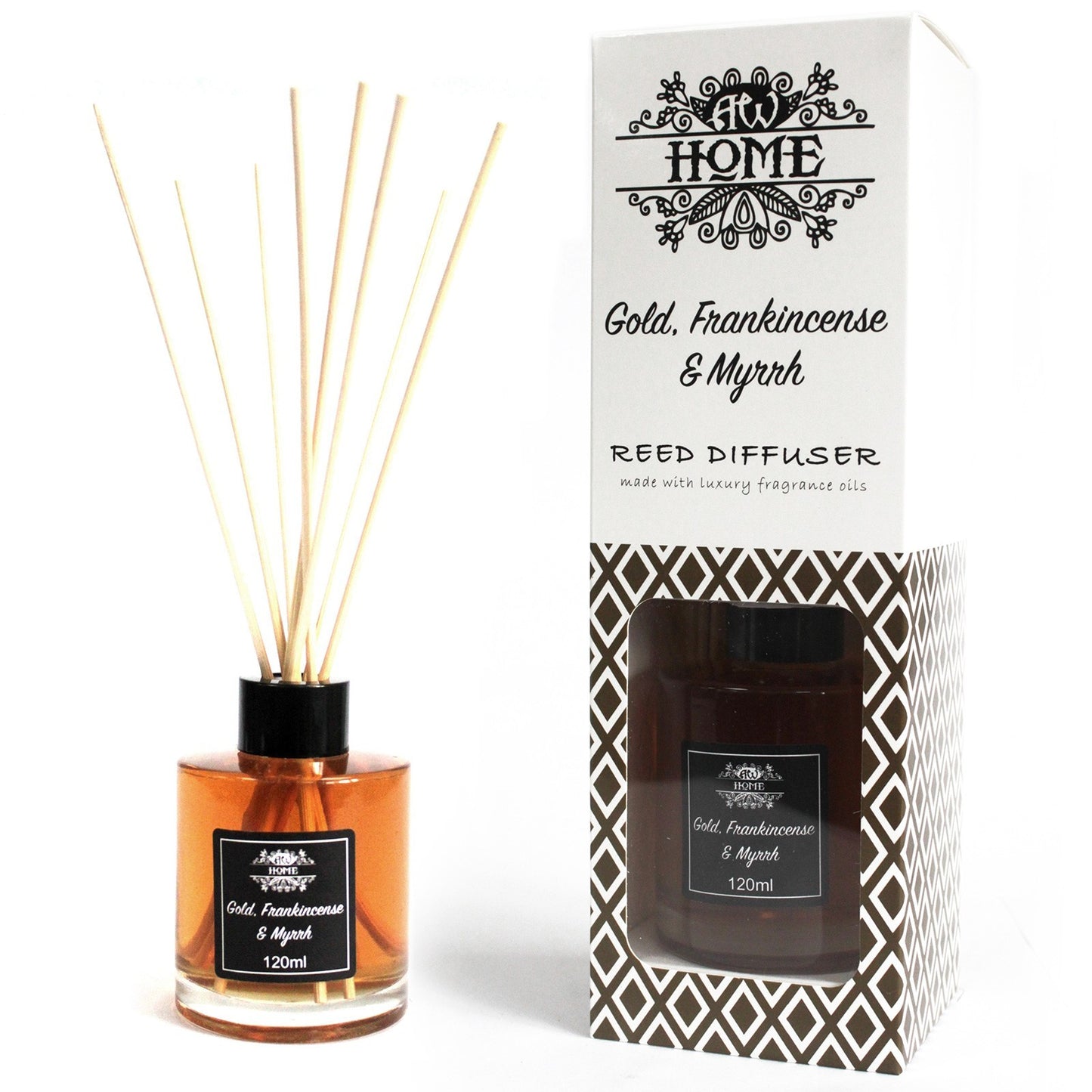 Reed diffuser with packaging labeled 'Gold, Frankincense & Myrrh' on a white background