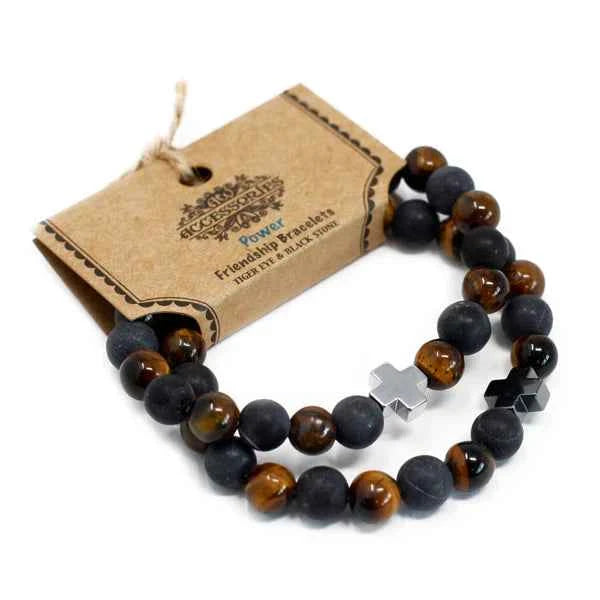 Set of 2 Gemstones Friendship Bracelets -  Power - Tiger Eye & Black Stone