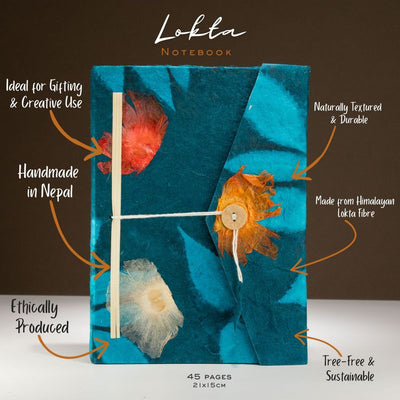Bold Floral Lokta Paper Notebook - Midnight Blue | A5, 45 Pages, Bookmark Included