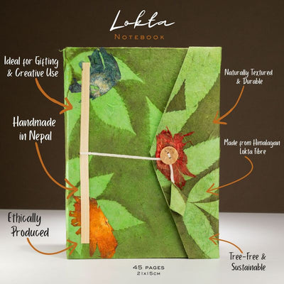 Bold Floral Lokta Paper Notebook - Moss Green | A5, 45 Pages, Bookmark Included