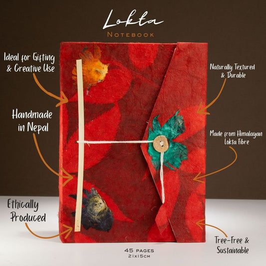 Bold Floral Lokta Paper Notebook - Ruby | A5, 45 Pages, Bookmark Included