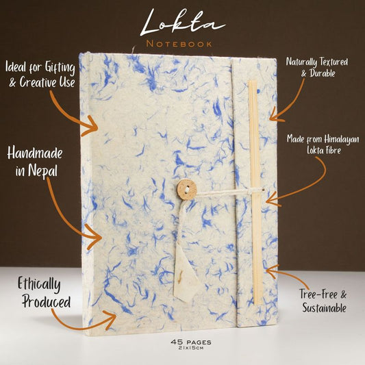 Mixed Blue Cotton Lokta Paper Notebook - A5, 45 Pages, Bookmark Included