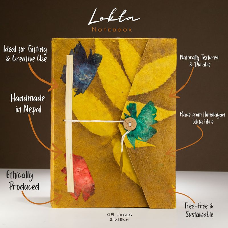 Lrg Lokta Bold Floral Notebook (21x15cm) - 45 Pages - inc bookmark - Mustard Brown