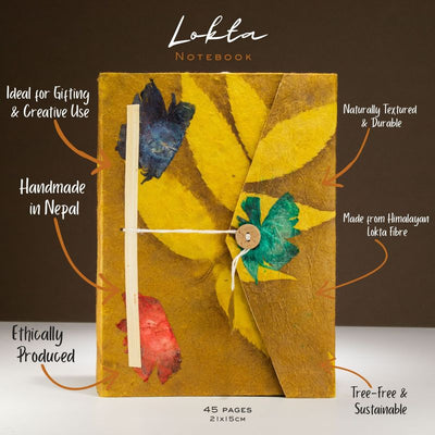 Bold Floral Lokta Paper Notebook - Mustard Brown | A5, 45 Pages, Bookmark Included