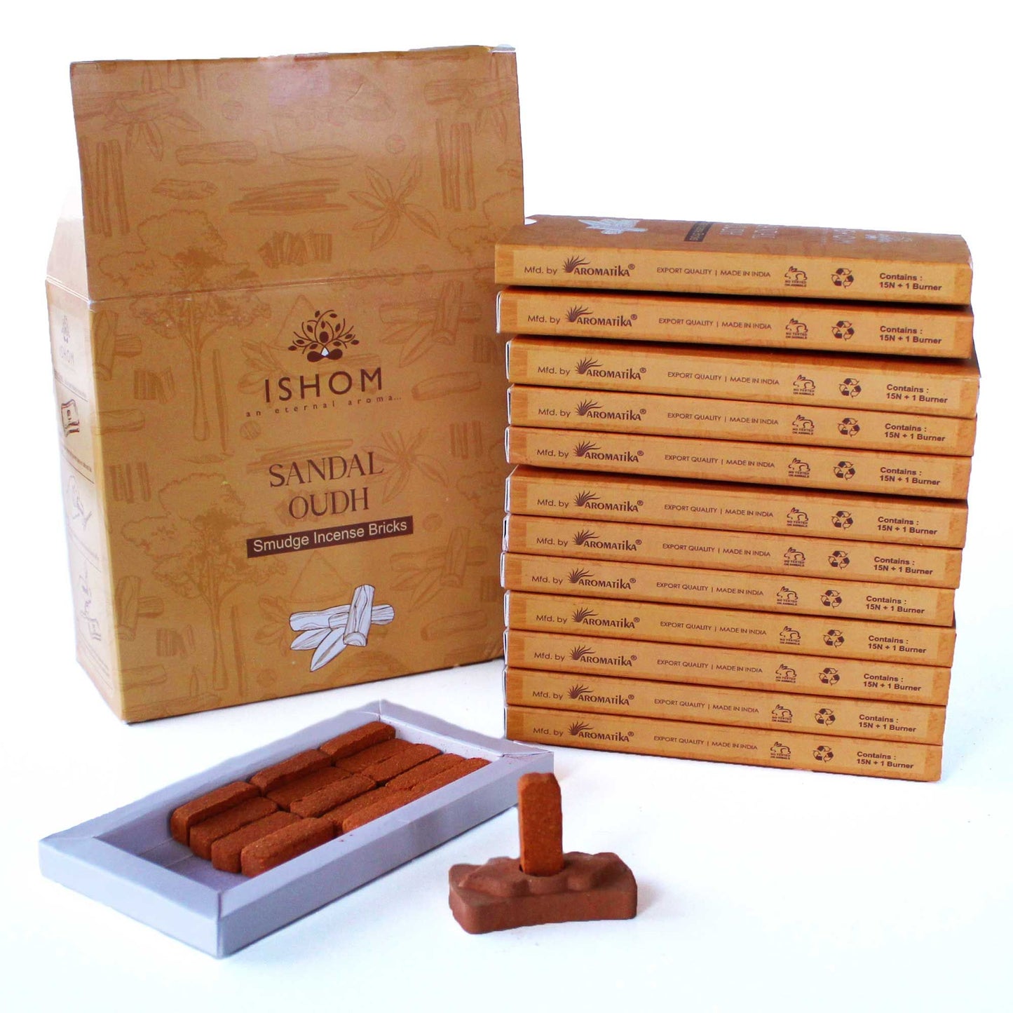 Pack of 15 Natural Incense Smudge Bricks and Burner - Sandalwood