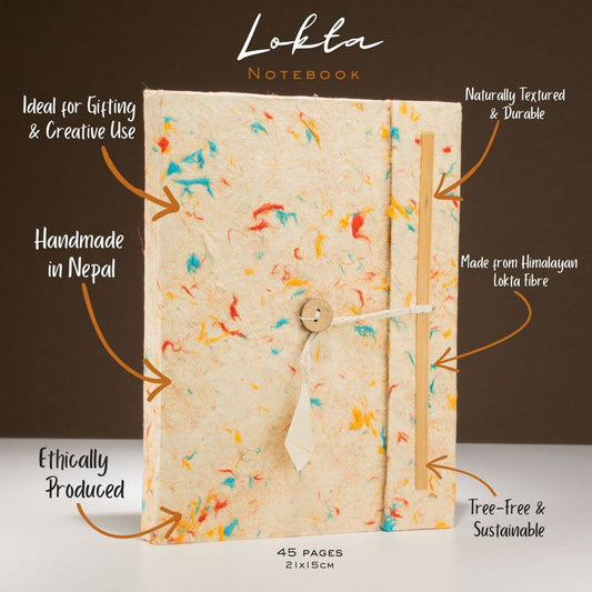 Mixed Colour Cotton Lokta Paper Notebook - A5, 45 Pages, Bookmark Included