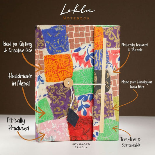 Patchwork Lokta Paper Notebook - Multi Colour | A5, 45 Pages, Bookmark Included