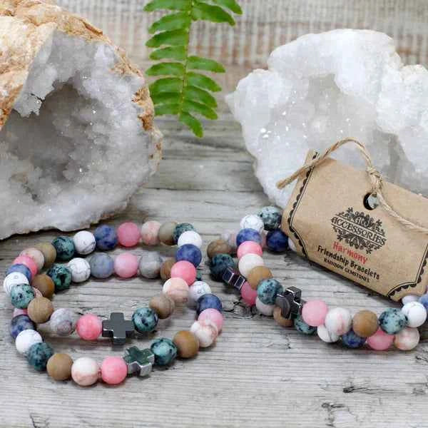 Set of 2 Gemstones Friendship Bracelets -  Harmony - Rainbow Gemstones