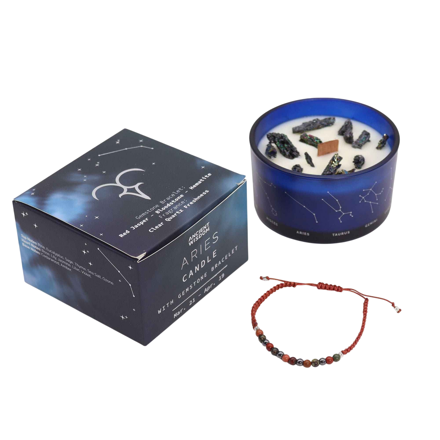 Zodiac Crystal Candle with Gemstone Bracelet - Aries