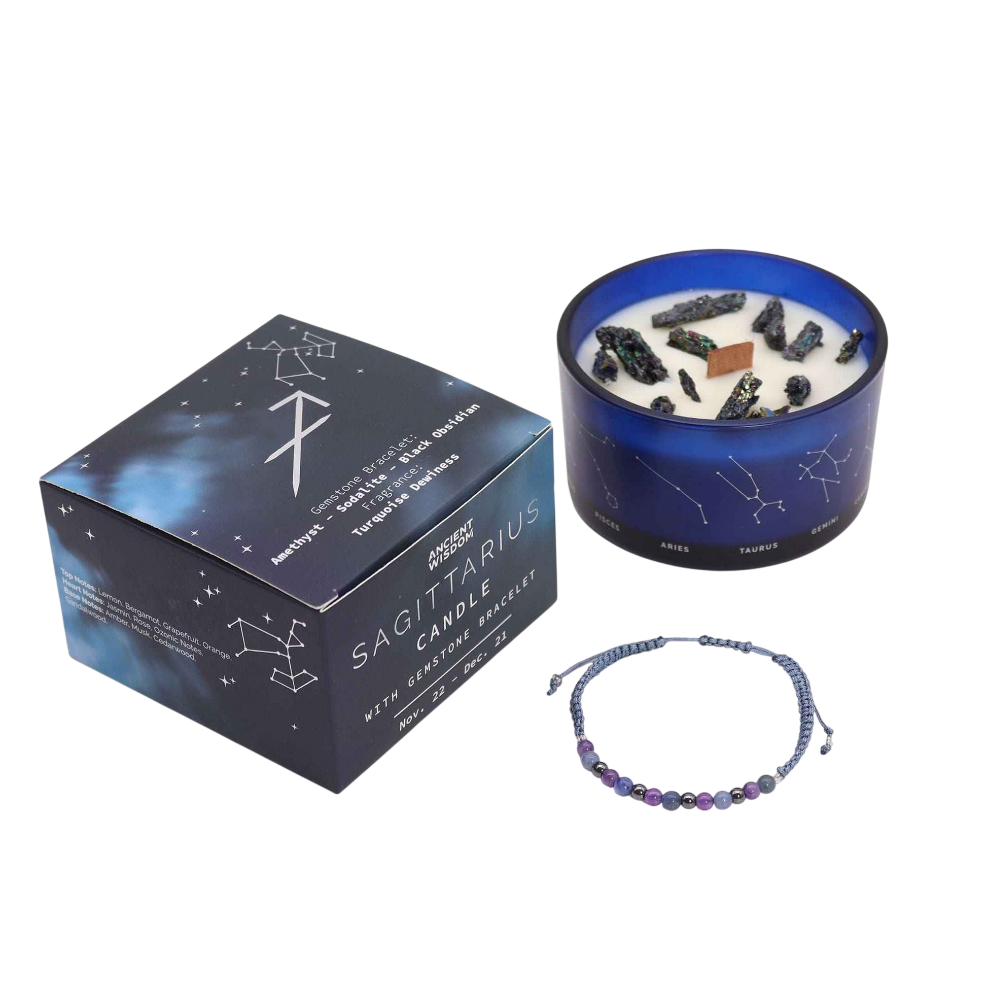 Zodiac Crystal Candle with Gemstone Bracelet - Sagittarius