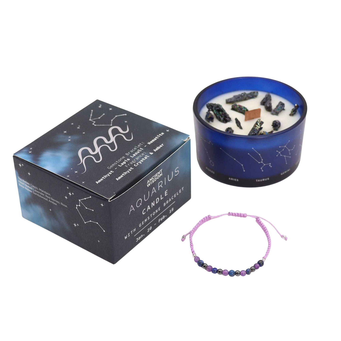 Zodiac Crystal Candle with Gemstone Bracelet - Aquarius