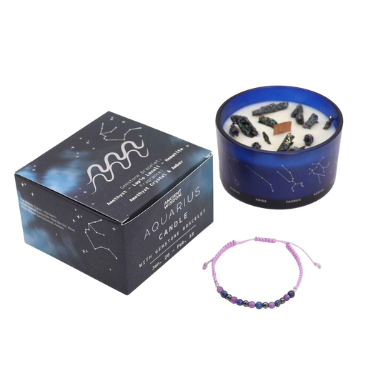 Zodiac Crystal Candle with Gemstone Bracelet - Aquarius
