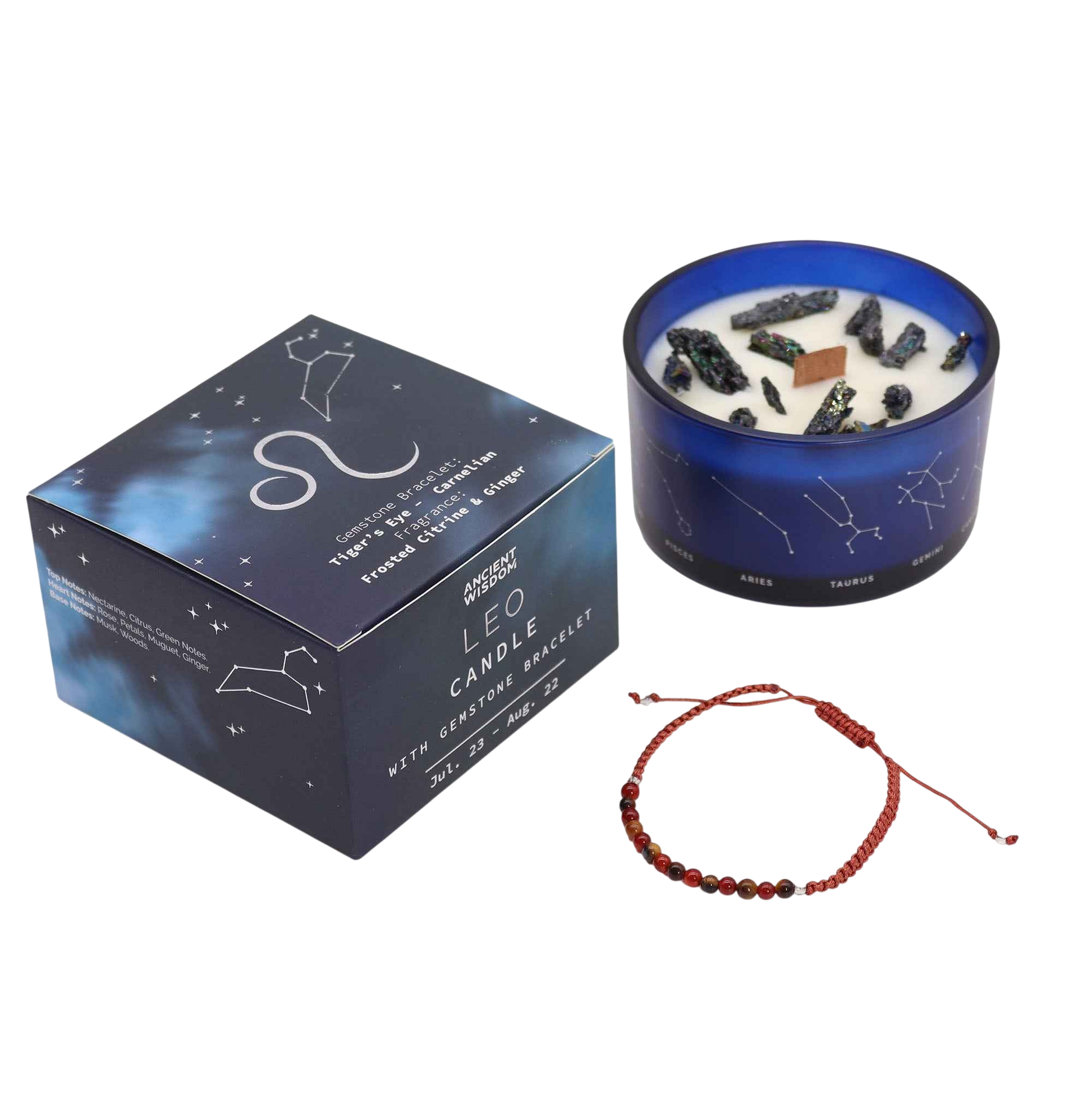 Zodiac Crystal Candle with Gemstone Bracelet - Leo