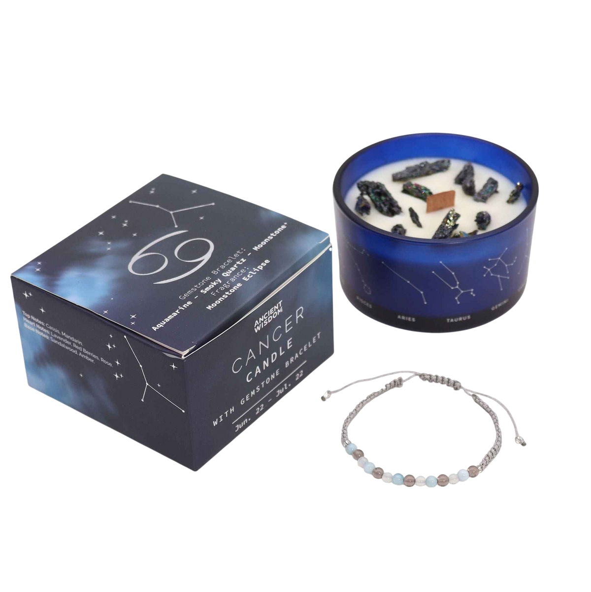 Zodiac Crystal Candle with Gemstone Bracelet - Cancer