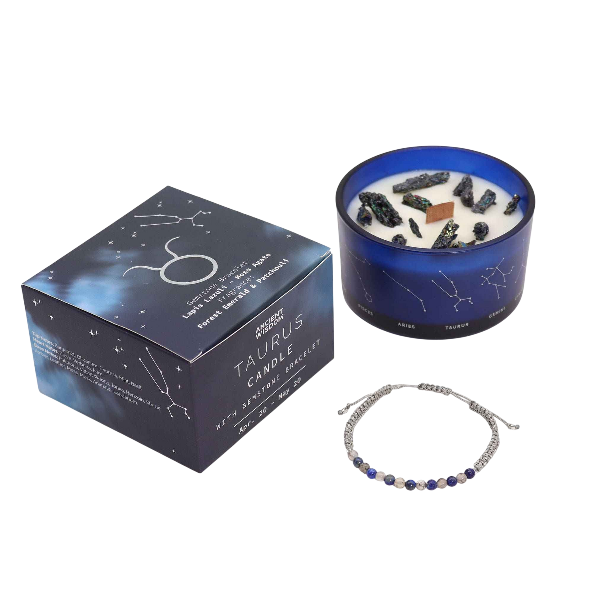 Zodiac Crystal Candle with Gemstone Bracelet - Taurus